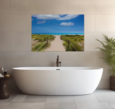 Produktbild von Wallario wasserfestes Poster selbstklebend 70 x 100 cm, Sandweg zum blauen Meer mit blauem Himmel, Badezimmerposter Spritzschutz mit Hochglanzoberfläche in Glasoptik