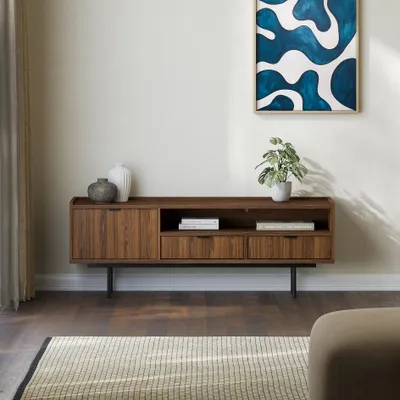 Image de BEAUTYSOFA | Meuble TV EVRON 150 cm, meuble TV avec 2 tiroirs, 1 porte et une étagère ouverte, brun noyer