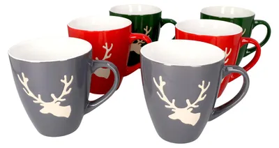 Produktbild von 6er Set Kaffeebecher Hirsch konisch 400 ml 2x Rot, Grün, Grau Glühwein Tasse