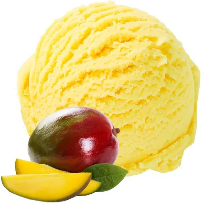 A scoop of yellow mango ice cream with a whole mango and two slices of mango in front of it.