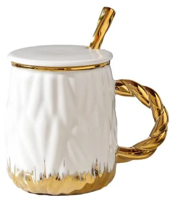 Image de Tasse à café en porcelaine - Capacité de 450 ml, avec couvercle et cuillère - Tasse pour le bureau, idéale pour les boissons chaudes - Or