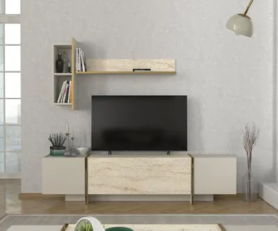 Image de Skye Decor, Veyron - Travertine, meuble TV, travertin, panneau aggloméré 100 % mélaminé, 180 x 32,3 x 45 cm
