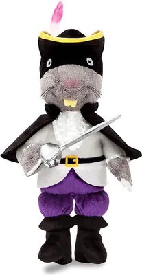 A plush toy of a rat dressed as a pirate, standing against a white background.