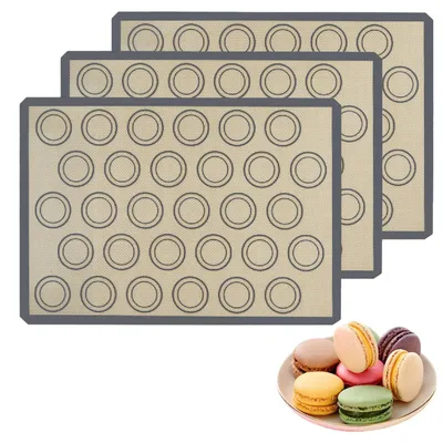 Produktbild von 3-teilige Silikon-Backmatte für Macarons, wiederverwendbares Macaron-Backset, rutschfeste Backmatte, graue Antihaftmatte für Macarons, Brot, Pizza, Fondant und Gebäck.