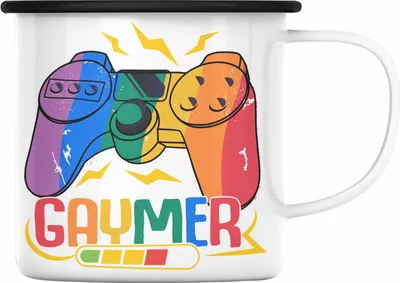 Produktbild von Trendation - LGBT Emaille Tasse Geschenk für Schwule Lesben Transgender Gaymer Regenbogen Lustige Grafik Regenbogen (Schwarz)