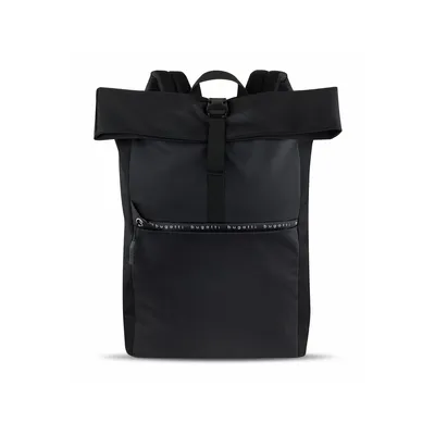 A black rolltop backpack is shown against a white background.