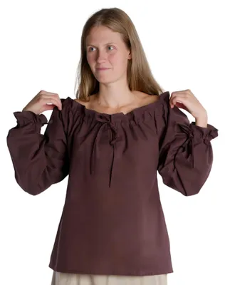Zdjęcie produktu dla HEMAD, bluzka damska w stylu średniowiecznym, 100% bawełna, bluzka z sznurkami. Model: Gotelinde, kolor: brązowy