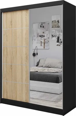 Produktbild von AGMAT Schwebetürenschrank Kira, Kleiderschrank mit 2 Türen und Spiegel, Moderne Garderobe in Farbe: Schwarz / Sonoma, Schrank in Größe: 160 x 216 x 61 cm
