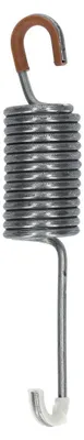 A close-up studio shot of a washing machine spring with hooks on either end.