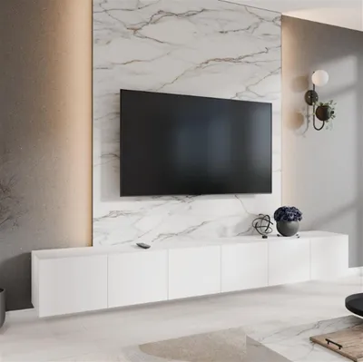 Produktbild von Masseno TV-Schrank MIVO 300 cm Fernsehschrank mit  Schubladen und 6 Türen TV-Lowboard für Wohnzimmer Modern 300x40x41 cm Weiß / Weiß