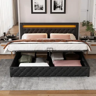 Imagen del producto de okwish: Cama tapizada, cama de matrimonio, 160 x 200 cm, cama con sistema hidráulico, somier y espacio de almacenamiento, cama infantil con iluminación LED, incluye colchón, color