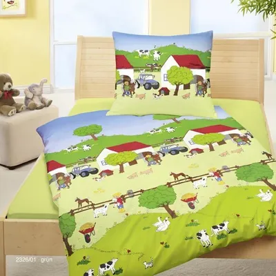 Produktbild von Bierbaum Kinder Biber Bettwäsche 2 tlg. 135x200cm Dinosaurier Pferde Astronaut Bauernhof Einhorn Fußball Baustelle, Farbe:Bauernhof