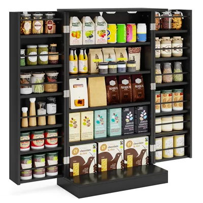 A black pantry cabinet filled with various food items and jars.