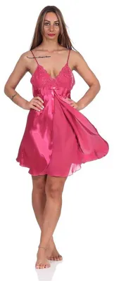 Produktbild von Damen kurzes Satin Negligé Nachtkleid Reizwäsche mit Spitze; Magenta/M