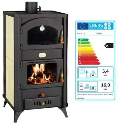 A wood-burning stove with an energy efficiency label.