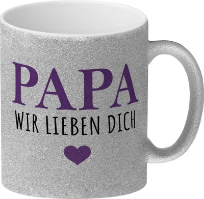 Produktbild von Papa wir lieben dich Glitzer-Kaffeebecher in lila mit Herz