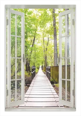 Produktbild von Wallario Wandbild mit Fenster-Illusion: Spaziergang im Wald  Holzweg über einen Fluss, Größe: 61 x 91,5 cm, Poster mit rahmenlosen Bildhalter