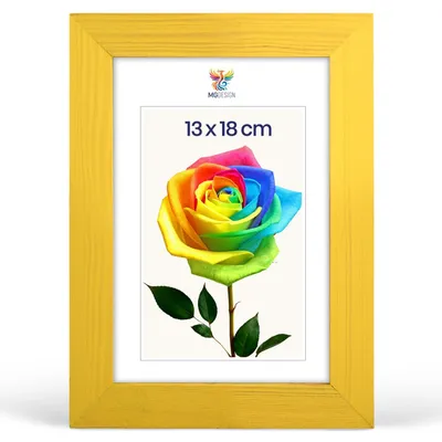 Produktbild von MG Design Bilderrahmen 13 x 18 cm - Fotorahmen mit Gelb Holzrahmen (Echtholz) und bruchsicherem Acrylglas, Hoch & Quer zum Aufhängen, zum Aufstellen