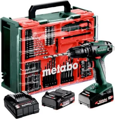 A Metabo cordless impact drill set with accessories and batteries is displayed against a white background.
