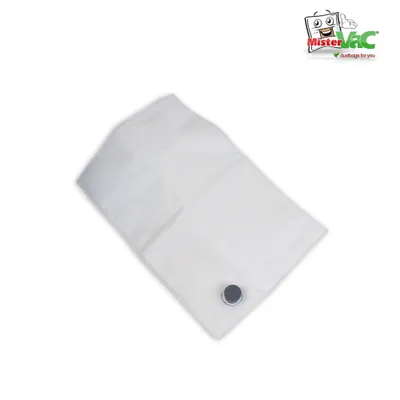 A white vacuum cleaner bag with a gray closure tab, placed on a white background. A logo is visible in the top right corner.