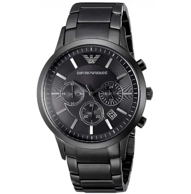 A black Emporio Armani chronograph watch is shown against a white background.