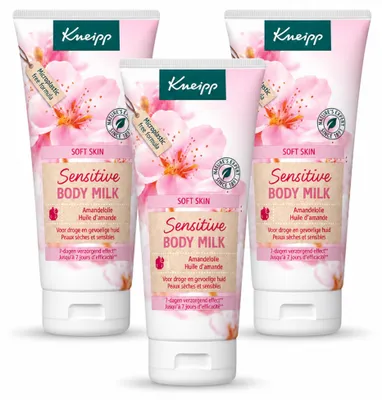 Imagen del producto de 3 unidades de crema corporal Kneipp "Piel Suave" con extracto de flor de almendro, 200 ml cada una. Paquete económico