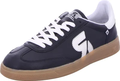 A single black sneaker with white laces and a white logo on a white background.