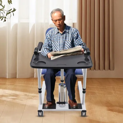 Image de Fauteuil de transfert de patient - Ascenseur hydraulique & chaise de toilette - Réglable en hauteur - 4 roulettes avec freins - Dossier 180° - Seau de toilette amovible - Bleu