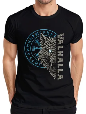Obrázek produktu pro Pánské tričko Viking Wolf Vegvisir Runic Compass Valhalla Norse Mythology, černá, M