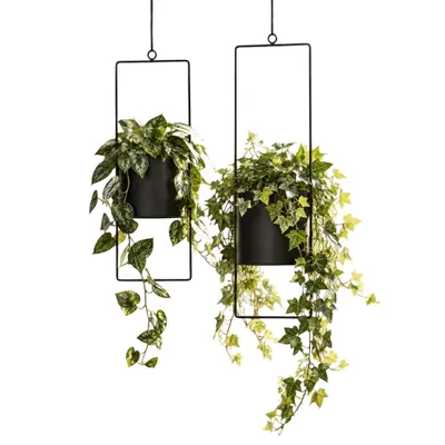 Produktbild von Blumenampel 2er Set Schwarz aus Metall – Pflanzenampel für Wohnzimmer Balkon Terrasse – Hängender Blumentopf Modernes Design