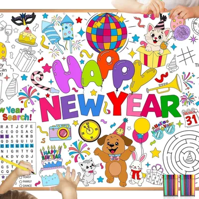 Produktbild von Papier-Tischdecke zum Ausmalen Silvester 2026 mit 24 Farbstiften 118x84 cm