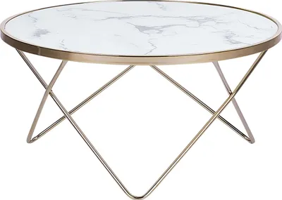 A round coffee table with a marble-look top and gold V-shaped legs, isolated on a white background.
