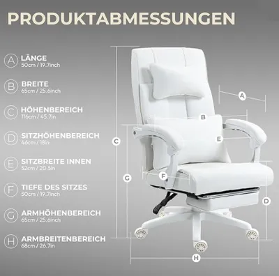 Productafbeelding van Ergonomische Bureaustoel met Verstelbare Rugleuning en Hoofdsteun in Wit Kunstleer