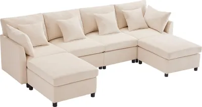 Produktbild von Merax Ecksofa, U-Form 4-Sitzer-Sofa mit 2 Fußhocker, 6 Kissen, Wohnzimmersofa, Couchgarnitur, Soffa, Couch, Chenille, Beige