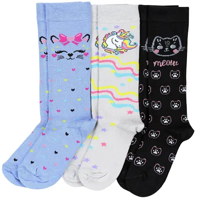 Produktbild von TupTam Mädchen Knielange Socken Gemustert 3er Pack, Farbe: 3er Pack Einhorn Grau / Katze Blau / Katze Schwarz, Socken Größe: 23-26
