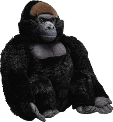 A plush toy gorilla sitting against a white background.