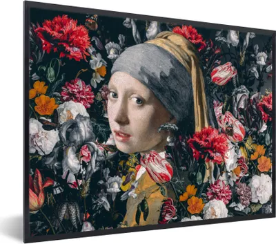Produktbild von MuchoWow® Gerahmtes Poster Das Mädchen mit dem Perlenohrring - Blumen - Johannes Vermeer 80x60 cm - Poster mit Schwarzem Bilderrahmen Wandposter Rahmen Foto Bilder - Schwarzem - Mit Gestell