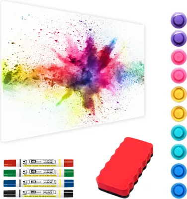 Produktbild von ALLboards Metallische Magnettafel HOLI-FESTIVAL FARBENFROH 60x40cm MetalBoards Memoboard für jede Art von Magneten Magnetpinnwand zum Beschriften + 4 Marker, 10 Magnete und Schwamm im Lieferumfang