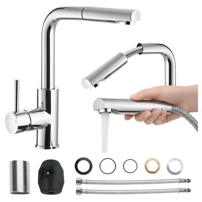 Produktbild von Küchenarmatur - Hochdruck Einhebelmischer - Ausziehbar Und Drehbar - Edelstahl - Chrom - Höhe 29,7 cm - Anschluss 3/8 Zoll, MODERNO TINA, KI-generiertes Bild