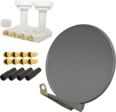 A collection of satellite dish components arranged on a white background.