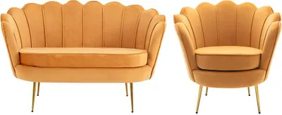 Produktbild von Set aus 2-sitzigem Sofa und muschelförmigem Sessel aus senfgelbem Velours DANDELION