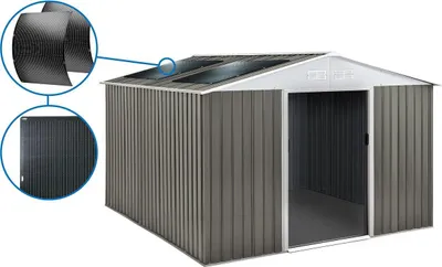 Produktbild von Gerätehaus aus Metall "Dallas" - 15,16 m² mit Solarpaneelen - Taupe