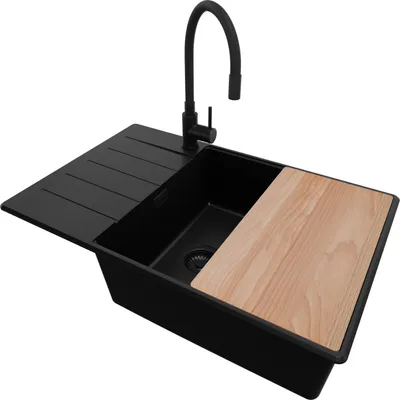 Produktbild von PRIMAGRAN Granitspüle Alles Schwarz 78x50cm, Spülbecken 1 Becken + Ablauf-Set + Küchenzubehörset, Küchenspüle ab 60er Unterschrank - Kopenhagen