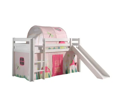Zdjęcie produktu dla Łóżko do zabawy Vipack Pino ze zjeżdżalnią, powierzchnia do leżenia 90x200 cm z tekstylną zasłoną i tunelem "Spring"