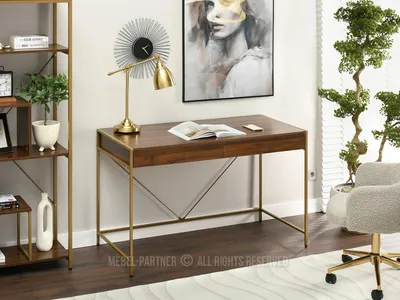 A home office setup with a desk, chair, and shelving.