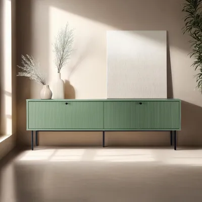 Immagine prodotto di Mobile TV a 2 ante in acciaio e MDF decoro 150 cm verde salvia - Oviala Romeo