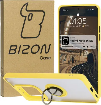 Produktbild von Bizon Case Hybrid Ring Fingerringhülle für Xiaomi Redmi Note 14 5G, Rauch mit gelbem Rahmen