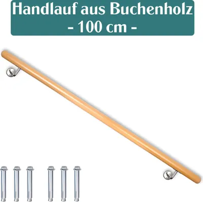 A wooden handrail with metal brackets and screws against a white background.