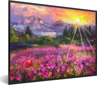 Produktbild von MuchoWow® Gerahmtes Poster Gemälde - Ölfarbe - Blumen - Natur - Sonne 80x60 cm - Poster mit Schwarzem Bilderrahmen Wandposter Rahmen Foto Bilder - Schwarzem - Mit Gestell