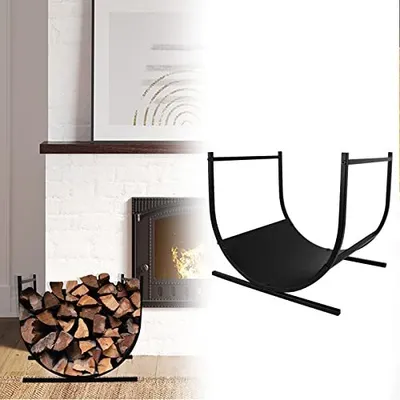 A collage showing a fireplace with a log holder filled with firewood on the left, and a separate image of an empty black metal log holder on the right.